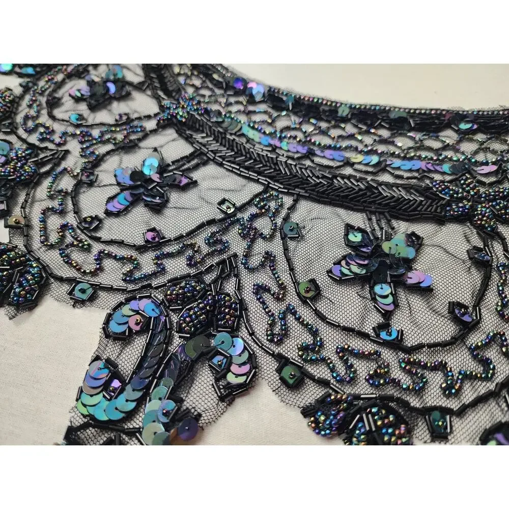 Black Iridescent Hand-Beaded Sequin Shawl Wrap Burlesque Shrug Capelet Old Money